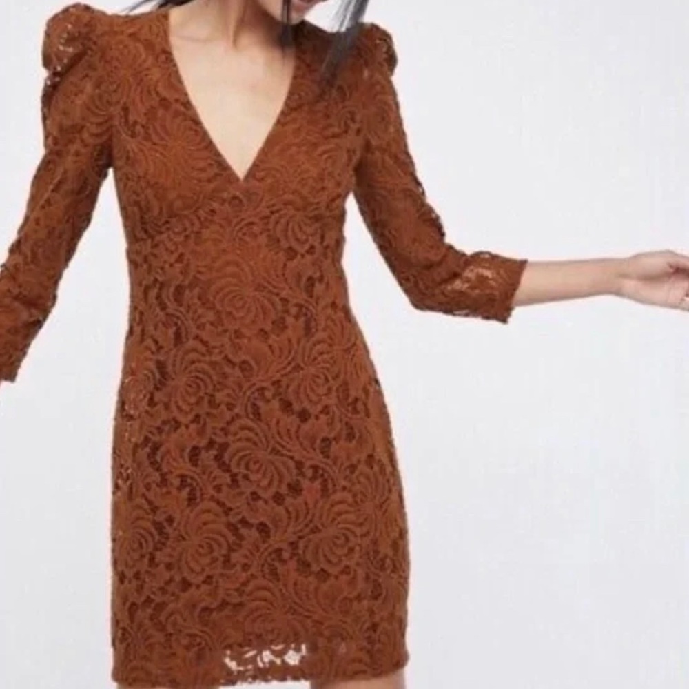 Free People Caramel Lace Long Sleeve Mini Dress
